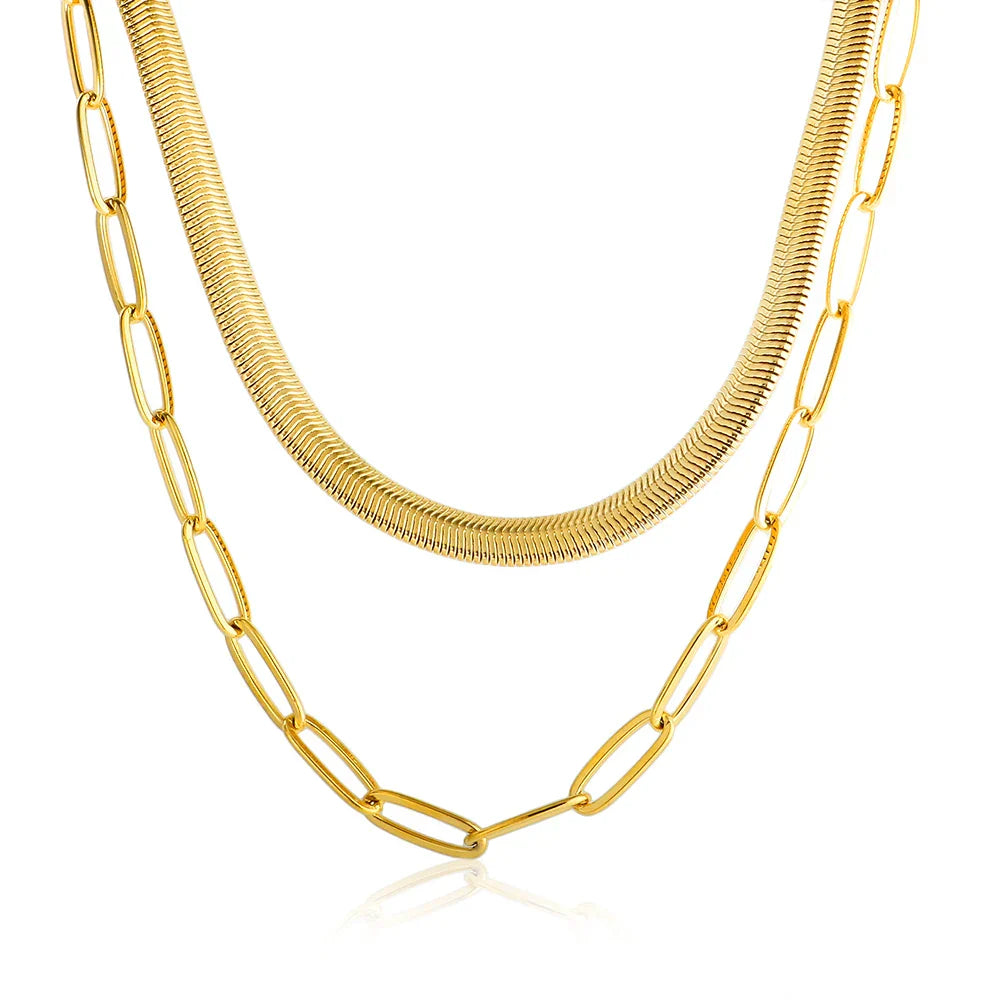 Colar Duplo Malha e Elos Banhado a Ouro 18K Bellorie