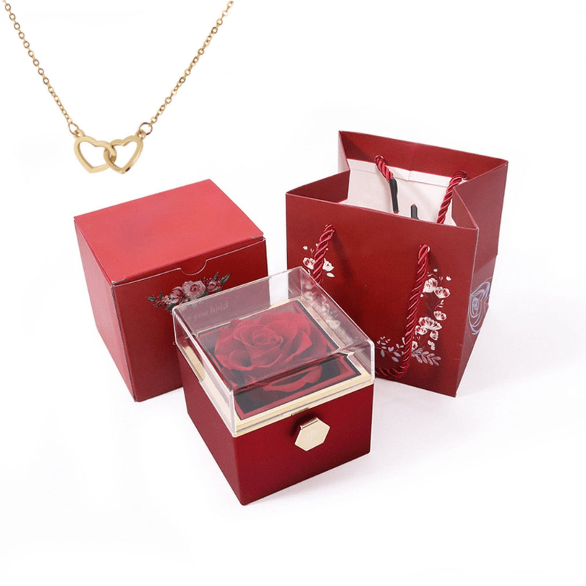 Rosa Eterna & Colar Luxo Dois Corações - Bela & a Fera Lunnelé™