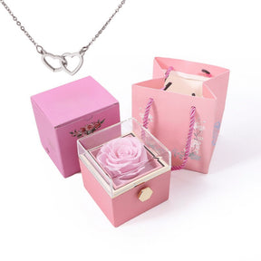 Rosa Eterna & Colar Luxo Dois Corações - Bela & a Fera