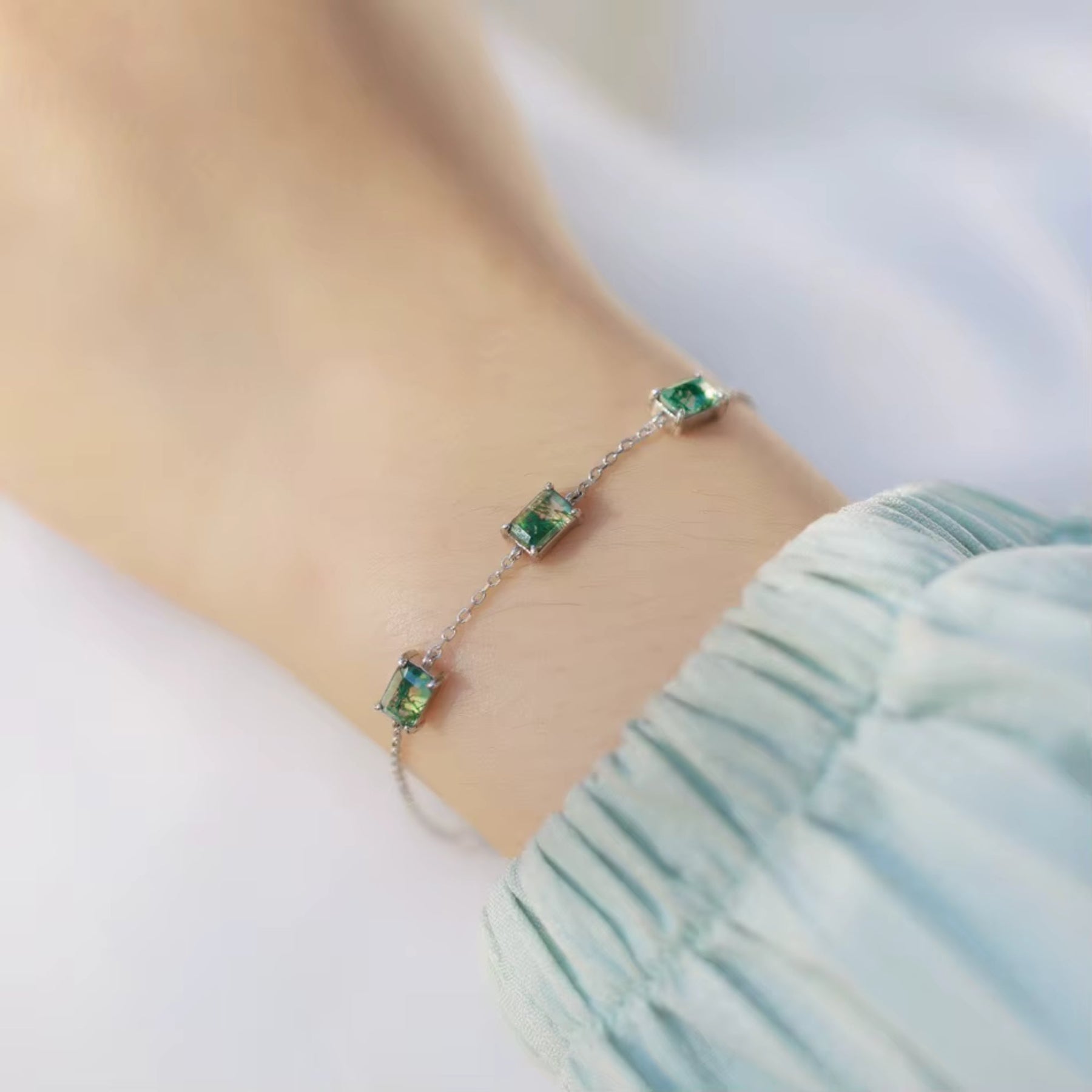 Pulseira Feminina de Prata 925 Esmeralda Lunnelé™