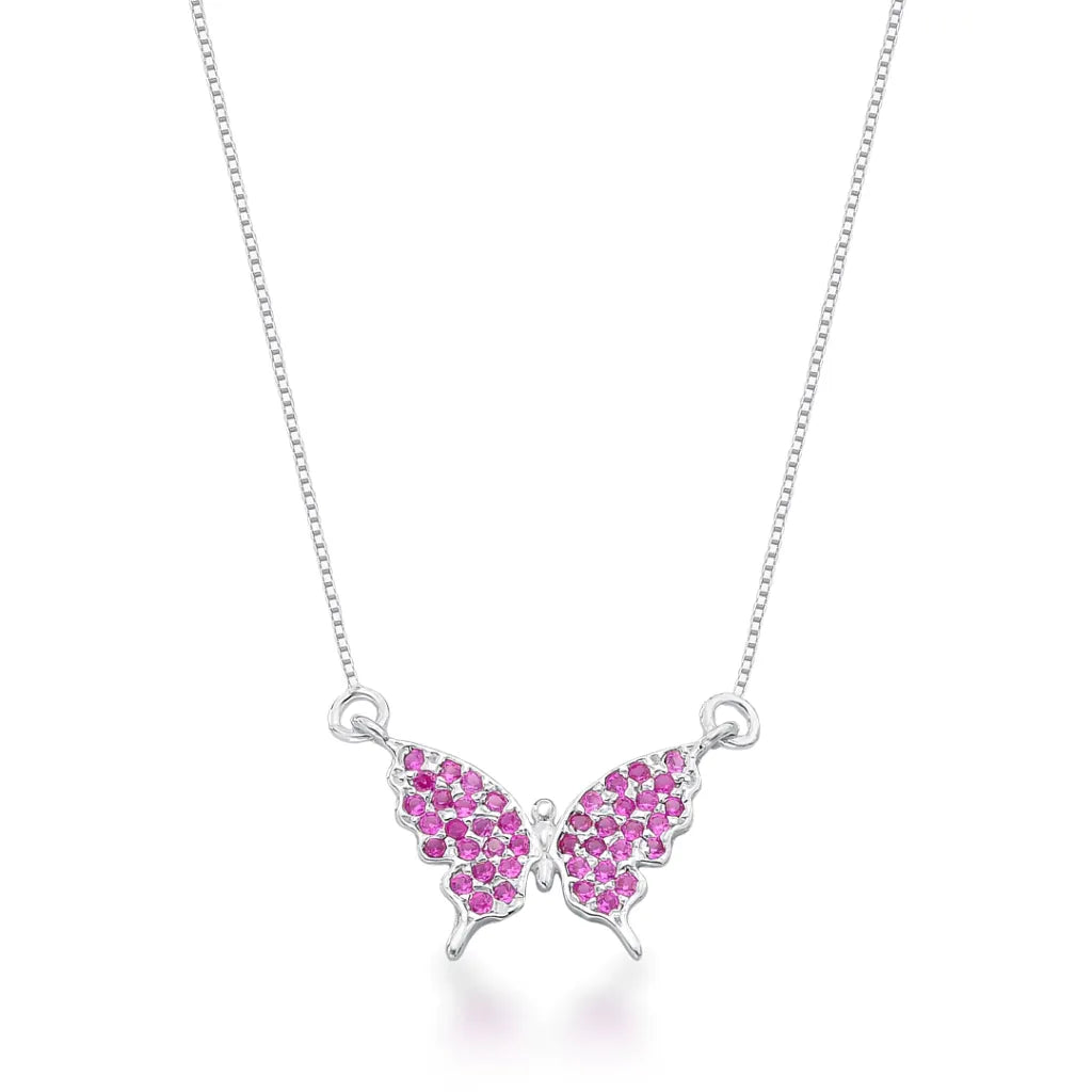Colar Borboleta Cravejada Rosa em Prata 925