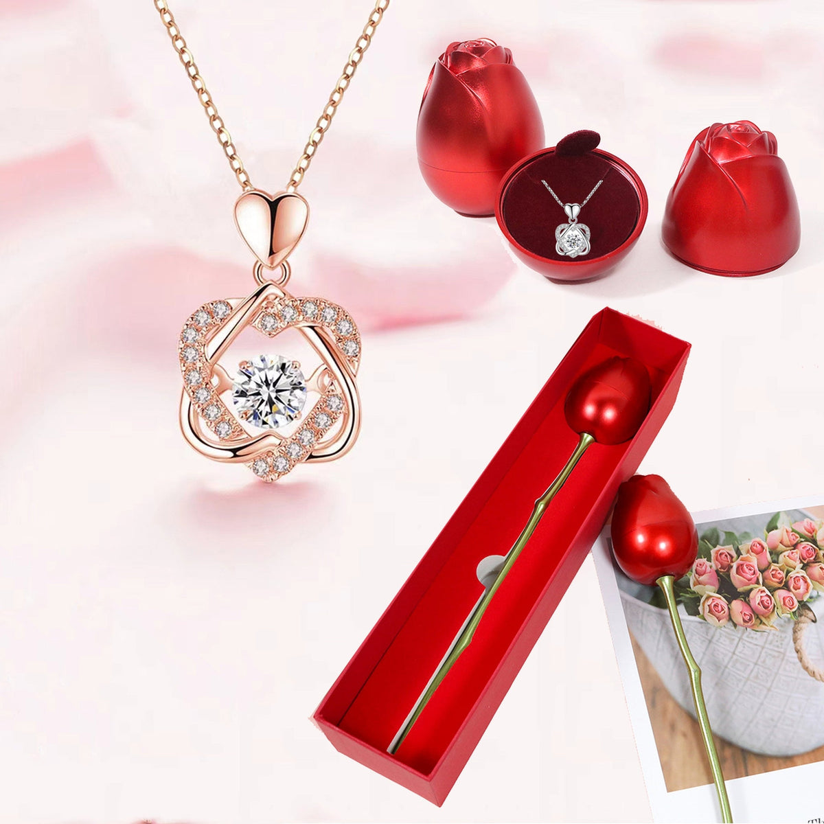 Colar Coração com Rosa Eterna da Bela e a Fera Lunnelé™