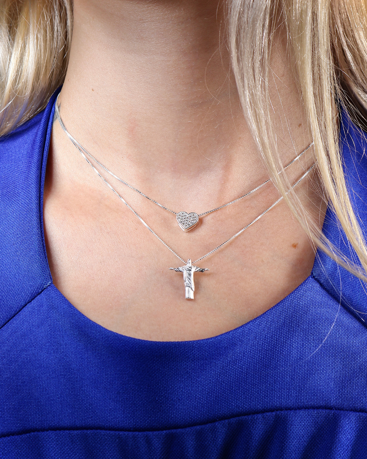 Conjunto Colar Coração Cravejado e Cristo Redentor em Prata 925 Lunnelé™ - foto 3