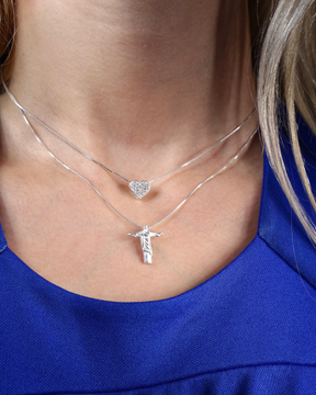 Conjunto Colar Coração Cravejado e Cristo Redentor em Prata 925 Lunnelé™ - foto 2
