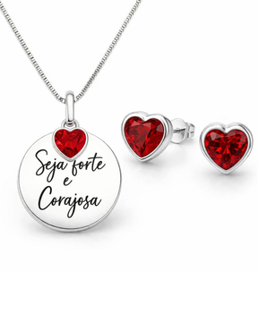 Kit Conjunto Colar e Brinco Seja Forte e Corajosa Prata 925 Lunnelé™