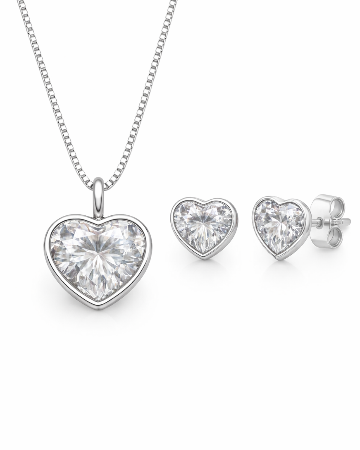 Conjunto Colar e Brinco Ponto de Luz Coração Cristal Prata 925 Lunnelé™
