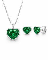 Conjunto Colar e Brinco Ponto de Luz Coração Verde Esmeralda Prata 925 Lunnelé™