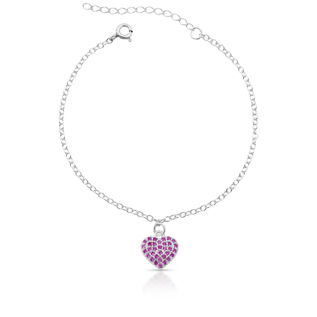 Pulseira Coração Cravejado Rosa em Prata 925 Lunnelé™