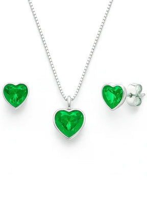 Conjunto Colar e Brinco Ponto de Luz Coração Verde Esmeralda Prata 925 Lunnelé™ - foto 3