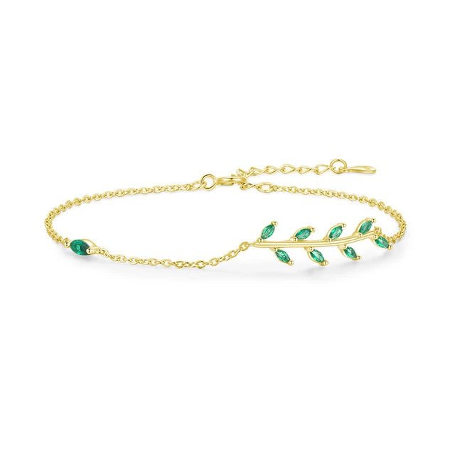 Pulseira Folhas Verdes Prata 925 Banhado em Ouro 18k Lunnelé™